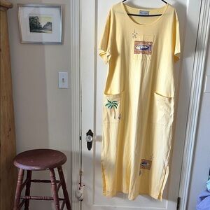 Beachy Yellow Maxi‎ Lagenlook Dress with Hand Stamped Painted Fish Details XL